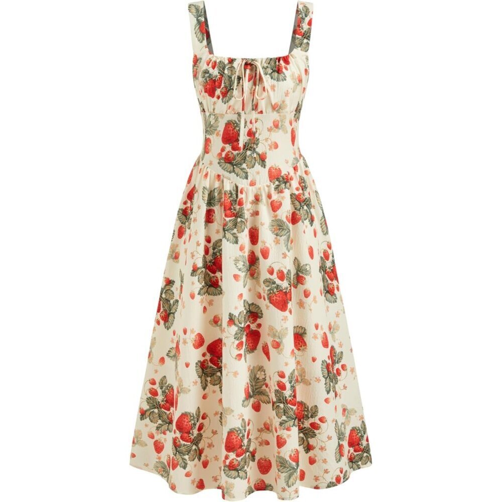 Women's Strawberry Print Midi Dress Sleeveless Summer Casual Elegant
